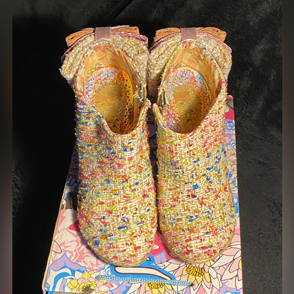 Irregular Choice”Baby Beauty”pink/multi tweed booties,back bow, original box,7.5 - Picture 3 of 11
